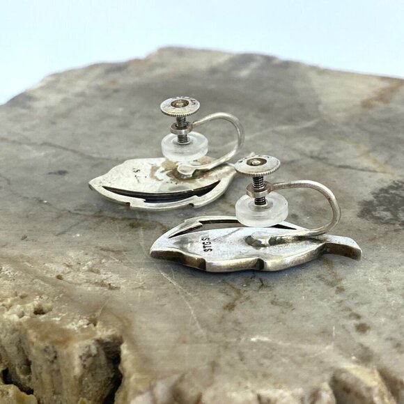 VTG Sterling Silver 925 Dainty Abalone Inlay Foliage Leaf Screwback Earrings - Picture 6 of 16